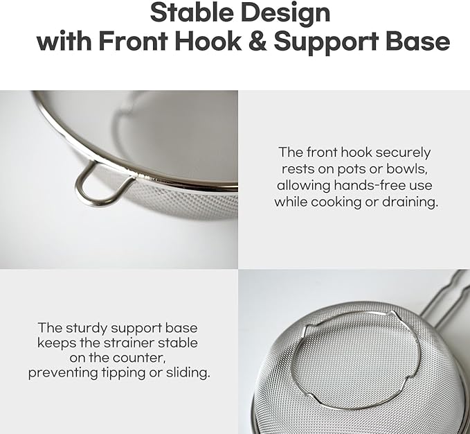 8″ Stainless Steel Fine Mesh Strainer with Feet – Standing Colander with Handle for Strain, Sift, Drain & Rinse Vegetables, Fruits & Pasta