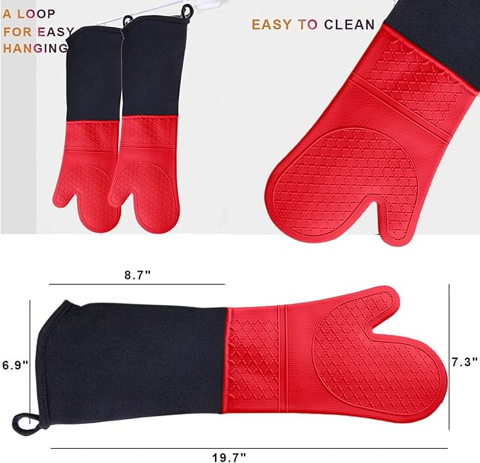 Linwnil Extra Long Silicone Oven Mitts Heavy Duty Commercial Grade Oven Mitts Heat Resistant BBQ Gloves with Quilted Cotton Lining 2 Pack (Red)