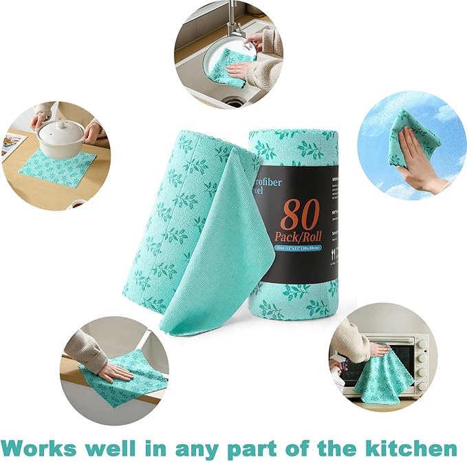 Microfiber Cleaning Cloth Roll,80 Pack Cleaning Towels,Lint Free Rags Paper Towels & Tear Away Reusable Towels,Washable Shop Rags Floral Wipe Cloth,Wash Cloths Dish Rags for Car Kitchen Window