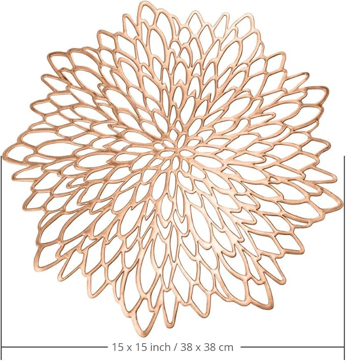 Rose Gold Round Placemats for Dinner Table Set of 6 Hollow-Out Vinyl Place Mats for Kitchen Decor Wedding Accent Centerpiece Table Mats