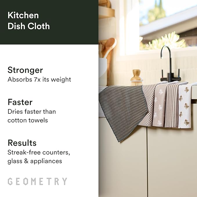 GEOMETRY Dishcloth – Evergreen Collection – Quick-Dry, Ultra-Absorbent, Reusable Microfiber Kitchen Towels for Drying & Cleaning - Willow Stone - 6 Pack