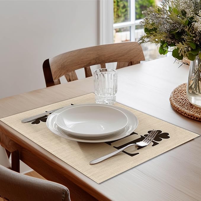 HOMETITUTE Home Placemats Set of 4 Linen 12x18 Inch Washable Table Mats with Buffalo Plaid Heart and Clover Design Decorative Table Placemats Set of 4 for Farmhouse Kitchen Dining Everyday Decor