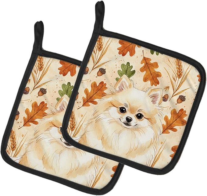 Caroline's Treasures Cream Pomeranian Heirloom Fall Pair of Pot Holders Pair 7.5x7.5 Quilted Insulated Hot Pads Decorative Kitchen Gift Made in USA
