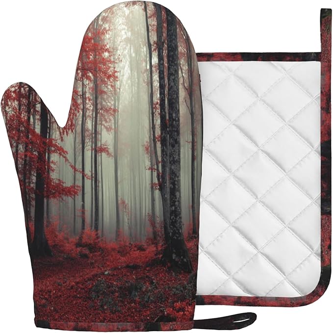 Forest Oven Mitts and Pot Holders Sets Red Trees Landscape Silicone Heat Resistant Kitchen Oven Gloves Pot Holder for Cooking Baking Grilling BBQ