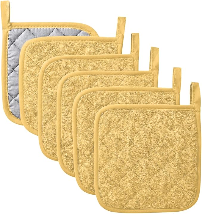 Kitchen Pot Holders Set Heat Resistant Pure Cotton Potholders Kit Trivets Large Coasters Hot Pads Terry Pot Holders for Everyday Cooking and Baking by 7 x 7 Inch Set of 6 Yellow