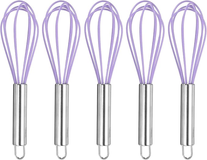 HARFINGTON 5Pcs Silicone Whisk 8" Kitchen Whisk Wire Whisks Beater with Stainless Steel Handle for Egg Milk Whisking Blending Beating & Stirring, Purple
