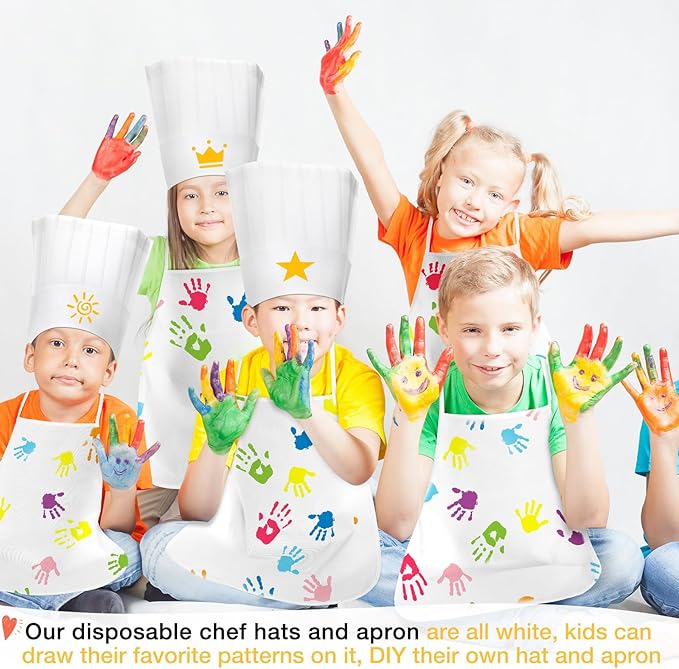 JaGely 60 Pcs Kids Chef Hat and Apron Set Chef Aprons and White Hats Non Woven Fabric Costume for Girls and Boys Cooking