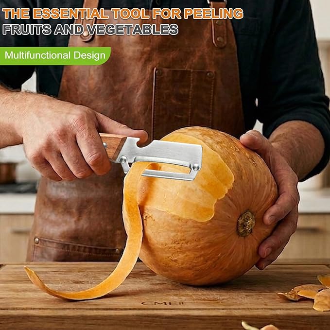 Multi Functional Vegetable Peeler with Wooden Handle and Bottle Opener, Stainless Steel Kitchen Peeler Tool for Potato Carrot Pumpkin Papaya, Premium Single Blade Food Peelers (1pcs)