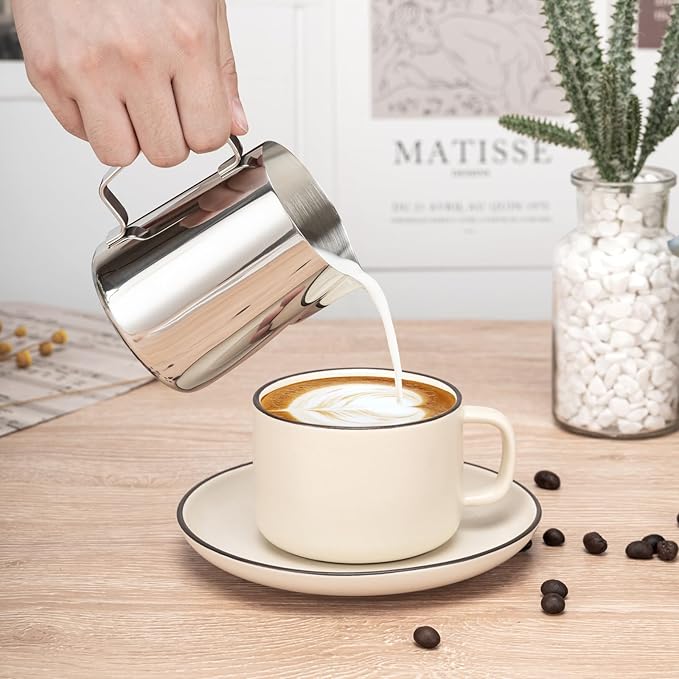 Amrules Milk Frothing Pitcher, 20oz Milk Frother Cup with Clear Scale, 304 Stainless Steel Cappuccino Espresso Machine Accessories for Barista Coffee Bar with Latte Art Pen, Silver