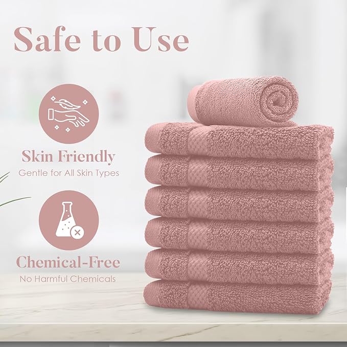 DAN RIVER 12-Pack Premium 100% Cotton Dusty Rose Face Towels for Bathroom - Reusable Face Wash Cloths for Showering 12x12 Inches - 550 GSM Super Soft & Absorbent Luxury WashCloths for Body, Spa & Gym