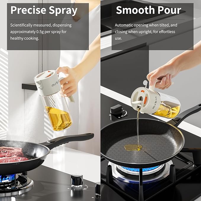 MRBIN 2 in 1 Olive Oil Dispenser Spray and Pour, 550ml / 18.5oz Food Grade Glass Avocado Mist Bottle, Vinegar refillable Dressing Container for Air Fryer, Salad, Frying, BBQ Nonstick Cooking