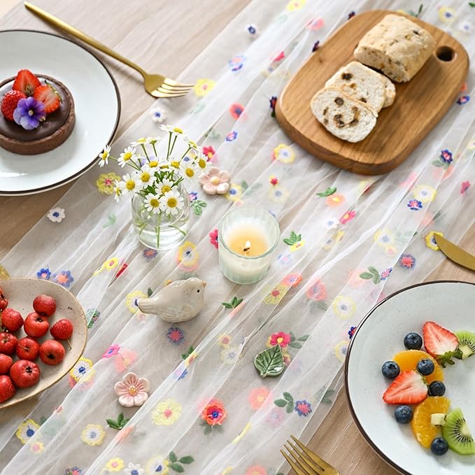 Artoid Mode 3PCS Embroidery Daisy Gauze Table Runner 120 Inch 10FT, Seasonal Sheer Kitchen Dining Holiday Wedding Birthday Table Decor for Home Party