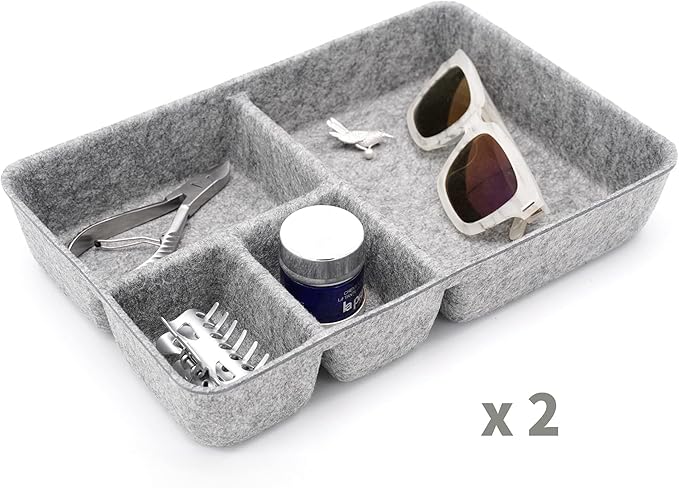 Welaxy Junk Drawer Organizer bin 4 Compartments Office Organizers Bins Felt Trays Drawers 2 dividers Multi-Purpose Storage (Grayx2)