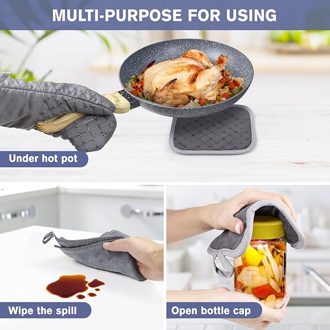 6 Pcs Oven Mitts and Pot Holders, 500℉ Heat Resistant Oven Mitts with Kitchen Towels Soft Cotton Lining and Non-Slip Silicone Surface Safe for Baking, Cooking, BBQ (Grey)