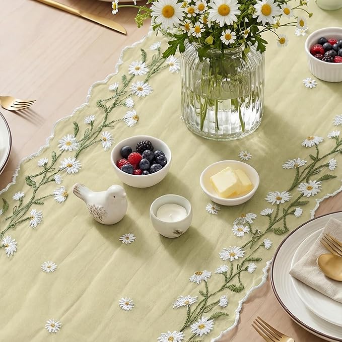 Artoid Mode Daisy Floral Yellow Shaped Gauze Embroidery Table Runner 120 Inch 10FT, Tulle Spring Summer Kitchen Dining Table Decor for Home Party