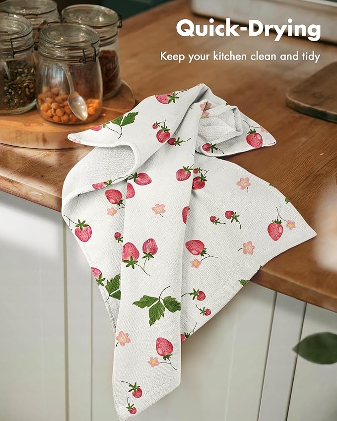 Miss Adola Cotton Kitchen Towels Set of 2 - Cute Design 16×26 Inch Dish Towels for Kitchen with Hanging Loop Strawberry Quick Dry Hand Towels Soft & Absorbent, Home Decorative, Terry Cloth Tea Towels