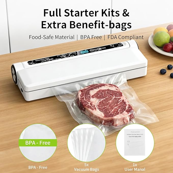 Vacuum Sealer Machine 95KPA Powerful Suction, 10s Fast Seal, Dry & Moist Modes, Compact Food Vacuum Sealer with 30 Bags Included, Automatic Food Saver for Meal Prep, Sous Vide & Kitchen Storage