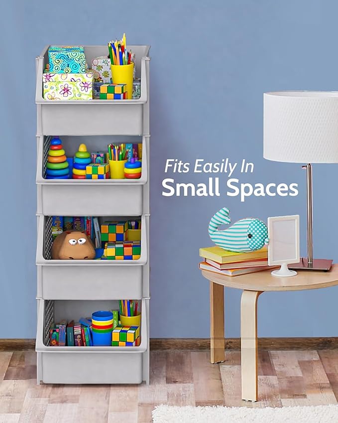 TidyFriend Stackable Storage Bins for Pantry, 4 Pack Stackable Bins For Organizing Food, Kitchen, and Bathroom Essentials (Light Grey)