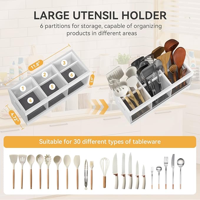 Yofidra Bamboo Utensil Holder & Silverware Organizer: Extra Large Cooking Holder with Absorbing Drying Stone and 6 Compartments Kitchen Countertop Storage Farmhouse Decor Accessories, White