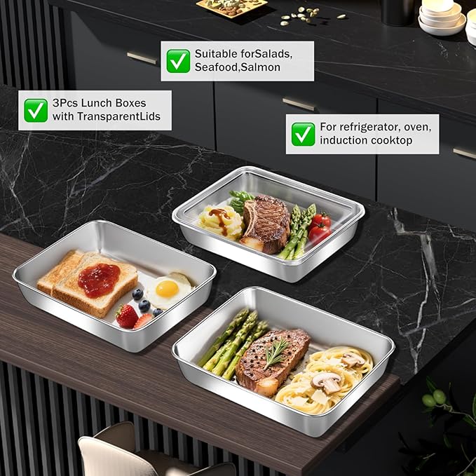 3-Pack Stainless Steel Food Storage Containers with Clear Lids - Stackable Meal Prep Trays for Lunch, Leftovers, Freezer & Dishwasher Safe(10x7.68x2.1in)