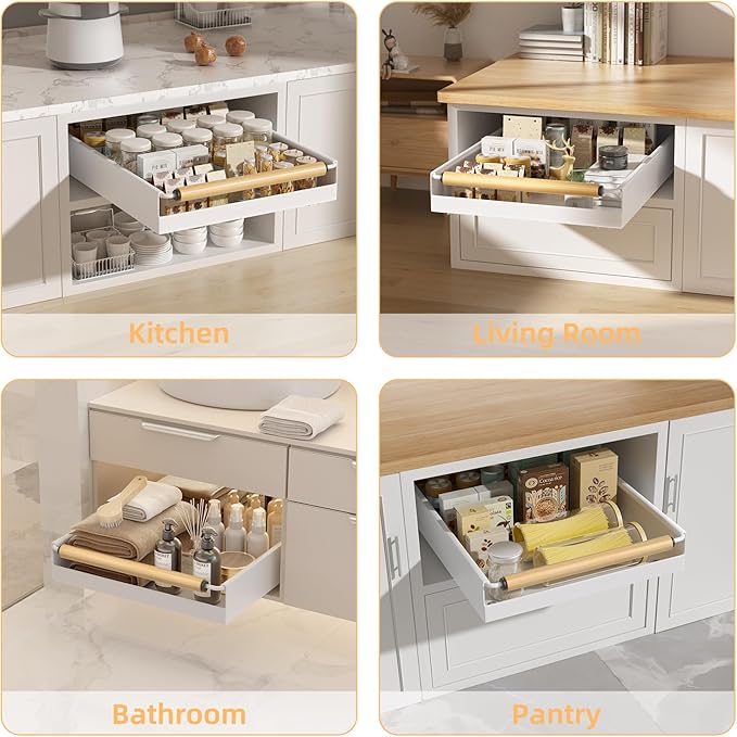 2 Pack No-Drill Pull Out Cabinet Organizer 15.3'' Deep Expandable Slide Out Drawers for Kitchen Pantry & Under Sink Storage, Adhesive Nano Film Mount, White
