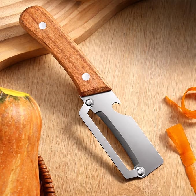 Multi Functional Vegetable Peeler with Wooden Handle and Bottle Opener, Stainless Steel Kitchen Peeler Tool for Potato Carrot Pumpkin Papaya, Premium Single Blade Food Peelers (1pcs)