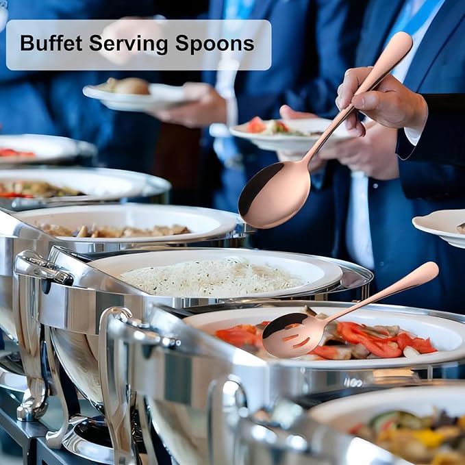 6 Pieces Serving Spoons Set, 8.7 Inch Serving Spoon, Includes 3 Serving Spoons and 3 Slotted Spoons, Stainless Steel Buffet Banquet Spoons, Large Spoons Utensils Cutlery Set for Kitchen, Rose Gold