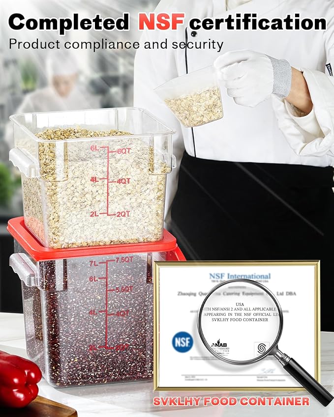8QT NSF Food Storage Containers: 8 PCS [Food Grade][Hot&Cold Resistant] Commercial Clear Square Food Storage Containers with Scales Handles for Home Restaurant Kitchen Proof Dough (Red)