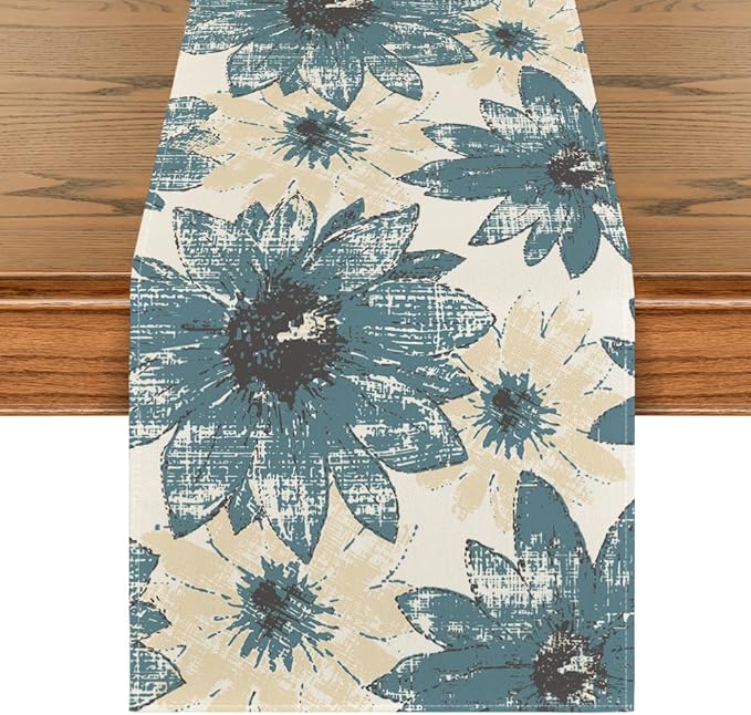 Artoid Mode Blue Retro Daisy Spring Table Runner, Seasonal Vintage Kitchen Dining Table Decoration for Home Party Decor 13x60 Inch
