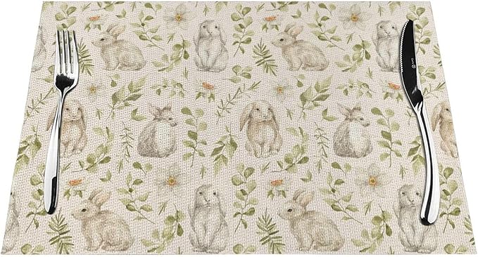 Spring Place mats Set of 4,12x18 Inches Green Rabbit Floral Leaves Placemats Rectangle Easter Decor Bunny Flower Table Mats for Party Home Kitchen Dining Table Decoration