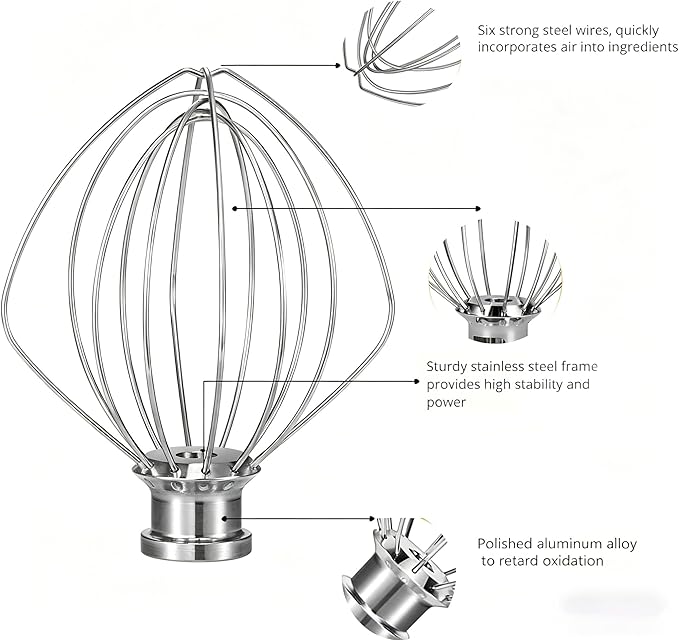 K45WW Wire Whip for KitchenAid Tilt-Head Mixer,6-Wire Whisk Attachment Replacement for 4.5QT/5QT Models K45SS KSM110 KSM75 KSM90 KSM100, Aluminum Head with Stainless Steel Wires, Hand Wash Only
