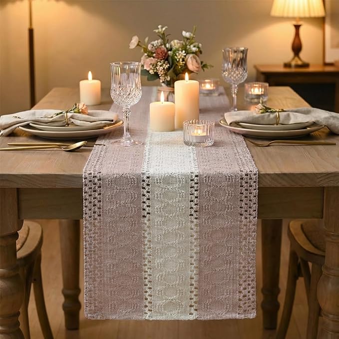Artoid Mode Pink Farmhouse Rustic Table Runner, Seasonal Hollow Kitchen Dining Table Decoration for Home Party Decor 12x48 Inch