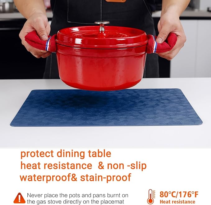 Vinyl Placemats Set of 6 Heat Resistant Easy Clean Non-Slip Place Mats for Dining Table Faux Leather Waterproof Stain Resistant Wipeable Washable PVC Table Mats(6, Blue)