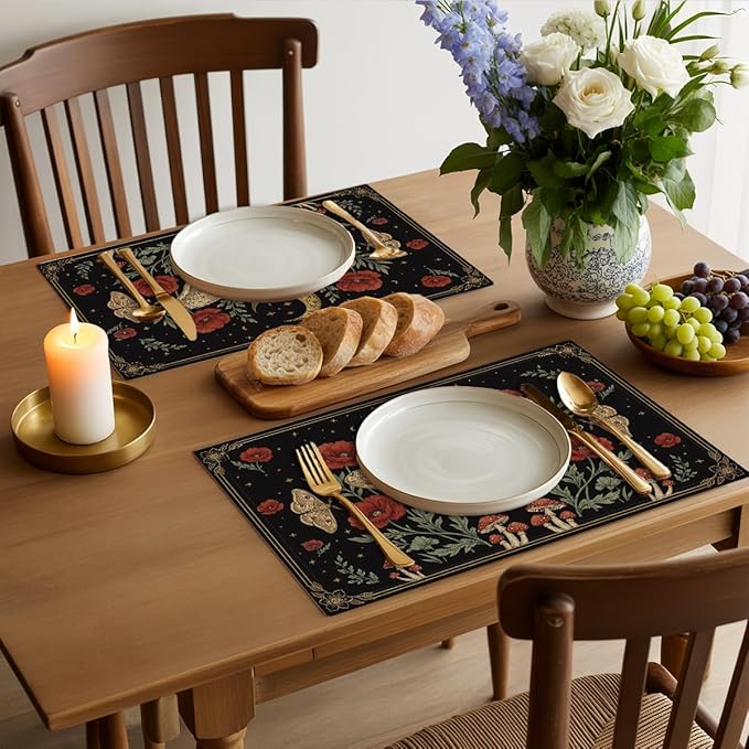 Black Poppy Moth Moon Placemats Set of 4, Floral Spring Table Mats for Outdoor Home Party Kitchen Dining Decor, Washable Non-Slip Heat Resistant Place Mats,Gothic Gifts for Women Mom Friend 12x18 Inch