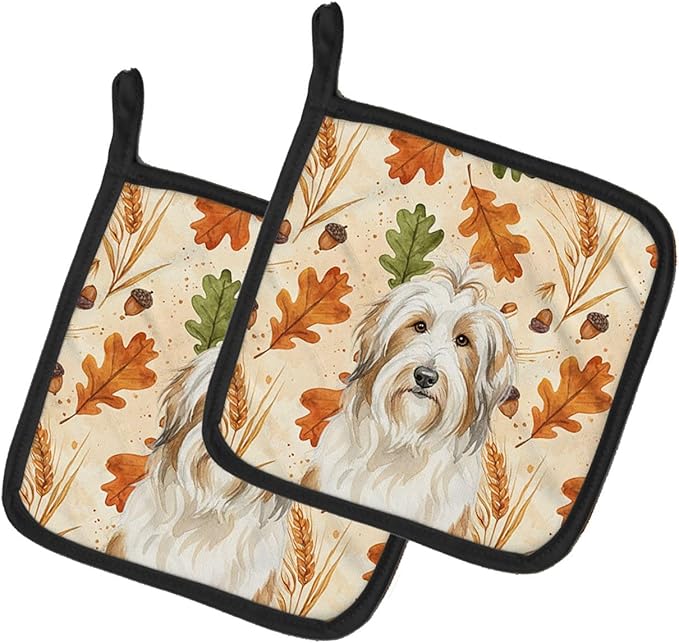 Caroline's Treasures White and Tan Bearded Collie Heirloom Fall Pair of Pot Holders Pair 7.5x7.5 Quilted Insulated Hot Pads Decorative Kitchen Gift Made in USA