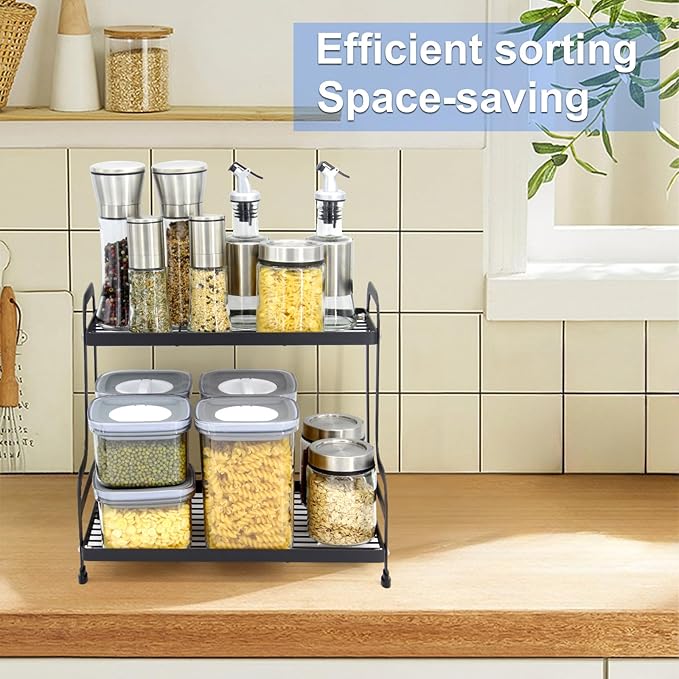 2-Tier Metal Countertop Organizer – Standing Shelf for Bathroom and Kitchen Storage Under Sink, Organizing Cosmetics and Spices-Black