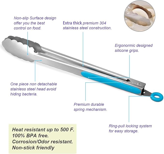 304 Stainless Steel Kitchen Cooking Tongs, 14" and 16" Set of 2 Sturdy Grilling Barbeque Brushed Locking Food Tongs with Ergonomic Grip, Blue