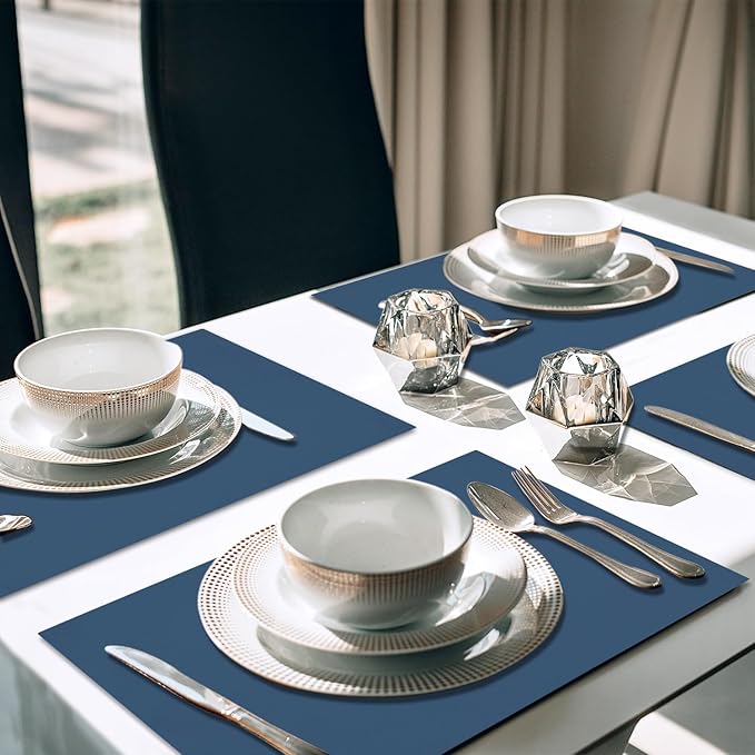 Placemats Set of 4, Heat Resistant Placemats Wrinkle Free Place Mats for Dining Table, Cotton Linen Table Mats for Indoor & Outdoor, 12x18 inch (Bule)