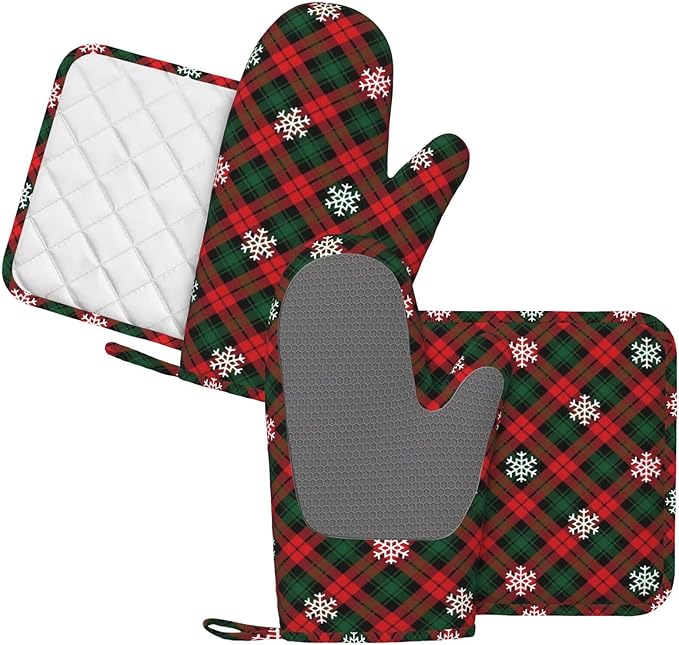 Red Green Plaids Oven Mitts and Pot Holders Set, 4pcs Retro Christmas Plaid Silicone Oven Glove for Kitchen Heat Resistant Oven Mitts and Potholders Non-Slip for Cooking