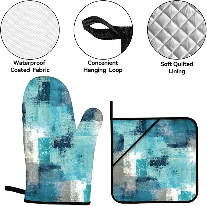 Turquoise Grey Oven Mitts and Pot Holders Sets of 4 Modern Teal Abstract Art Oven Gloves for Kitchen Baking Cooking Grilling (Turquoise)