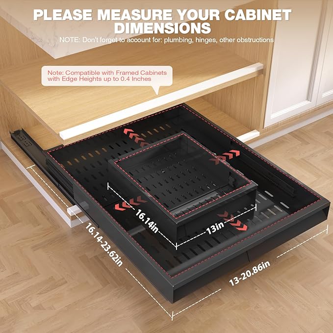 Seinloes 4 Pack Pull Out Cabinet Organizer With Raising Pad for Framed Cabinets,Expandable Width (13"-21") and Depth (17"-24"),3 Slide Rails Slide Out Drawers with Handle,No-Drill Roll Out Shelf,Black
