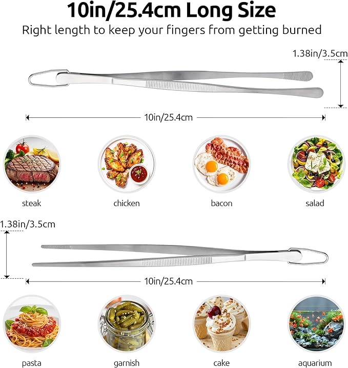 U-Taste 10" Kitchen Cooking Tweezer Set: 18/8 Stainless Steel Food-Grade Metal Food Tong, Seamless-Welding, Flexible and Non-Slip for Pasta Salad Meat Serving, Baking, Frying (Round & Pointed Tip)