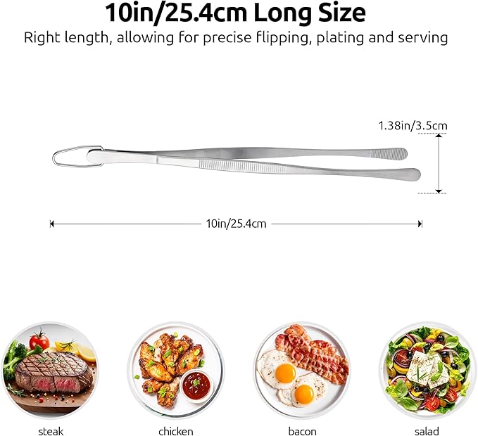 U-Taste 10in Kitchen Cooking Tweezer: 18/8 Stainless Steel Food-Grade Metal Food Tong, Seamless-Welding, Sturdy, Flexible and Non-Slip for Pasta Salad Serving, Grilling, Frying, Baking (Round Tip)