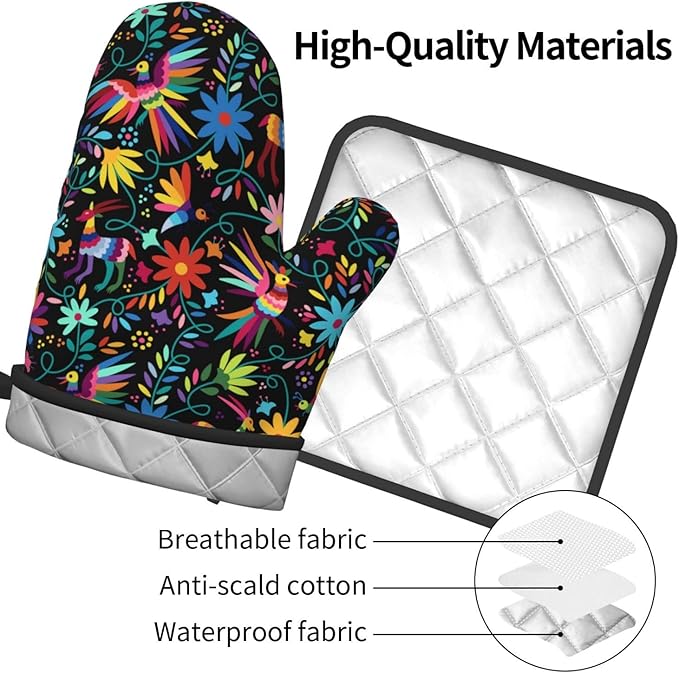 Mexican Folk Art Inspired Oven Mitts & Pot Holders Sets of 3, Polyester Heat Resistant Multicolor Kitchen Gloves and Hot Pads for Cooking Baking Grilling, Gift for Ethnic & Art Enthusiasts, Home Decor