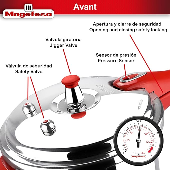 MAGEFESA Avant 6.2-Quart Aluminum Pressure Cooker, Compatible with Gas, Electric & Ceramic Stoves, Stovetop Pressure Canner with Trivet, Red Handle