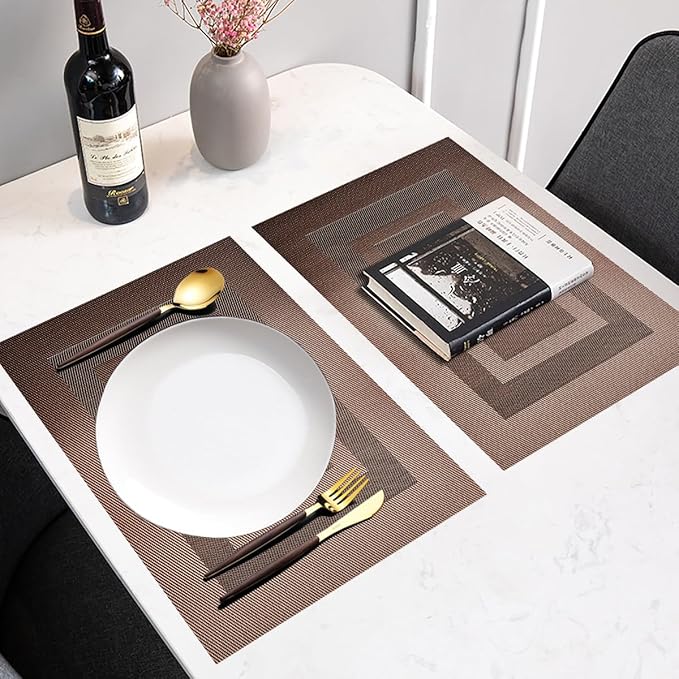 PIGCHCY Durable Plastic Placemats - Heat Resistant, Washable Woven Table Mats - Set of 4 (Coffee Brown)