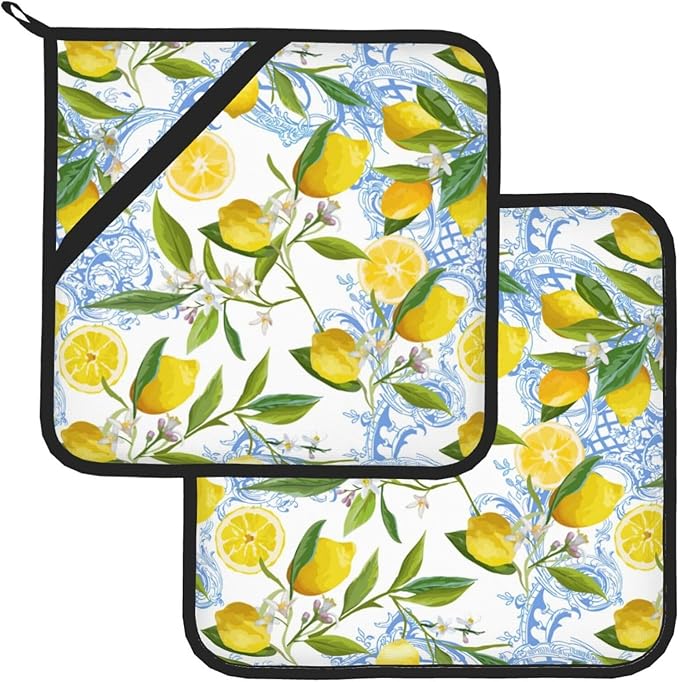 Lemon Pot Holders 2 PCS for Kitchen, Flower Heat Resistant Hot Pads for Cooking Grilling Baking BBQ Tropical Fruits Leaves Pot Holders Cook Essentials Accessories Home Microwave