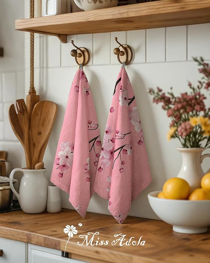 Miss Adola Flour Sack Kitchen Towels - Set of 2 Cotton Dish Towels with Hanging Loop Decorative 18x26 Inch Absorbent Cute Design for Housewarming Gifts, Pink Blossom