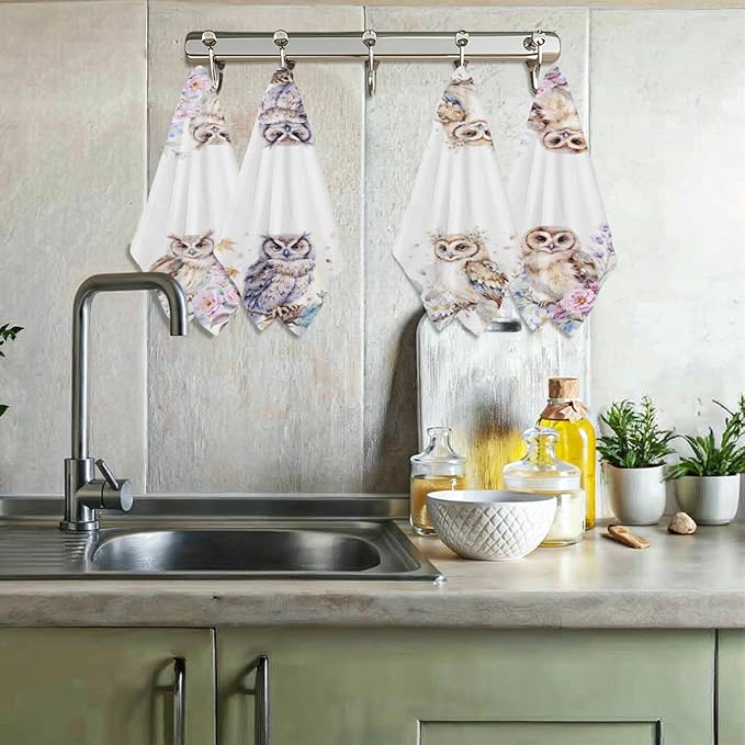 4 Pcs Watercolor Owl Kitchen Towels, Artistic Floral Decorative Absorbent Microfiber Dish Cloth Tea Towel, Pastoral Waffle Soft Hand Towels for Farmhouse Home Bathroom Decor, Owl Gifts for Women