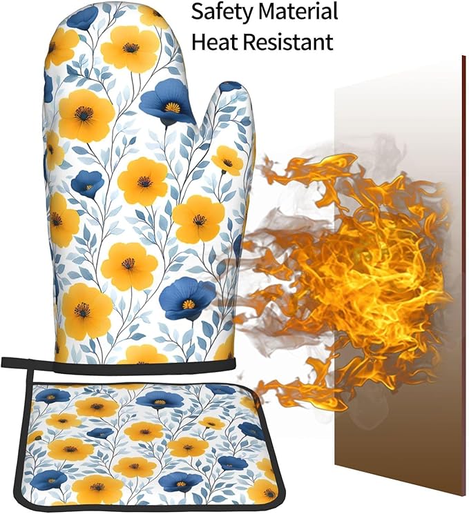 Yellow Blue Floral Oven Mitts & Pot Holders Sets of 3, Boho Blue and Yellow Flowers Heat Resistant Kitchen Hot Pads and Mitts for Cooking Baking Grilling, Gift for Floral - Loving Women, Home Decor